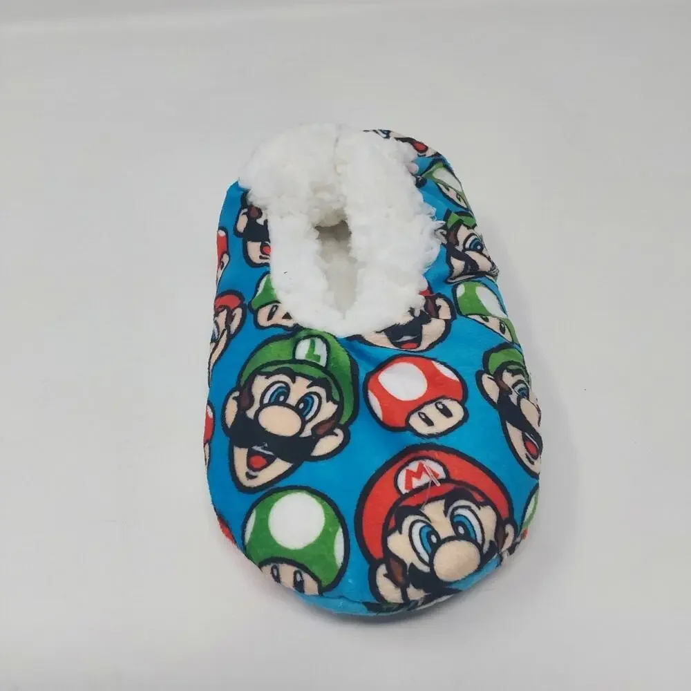Nintendo Super Mario Luigi Plush Sherpa Slippers Kids Blue Cozy House Shoes 8-13